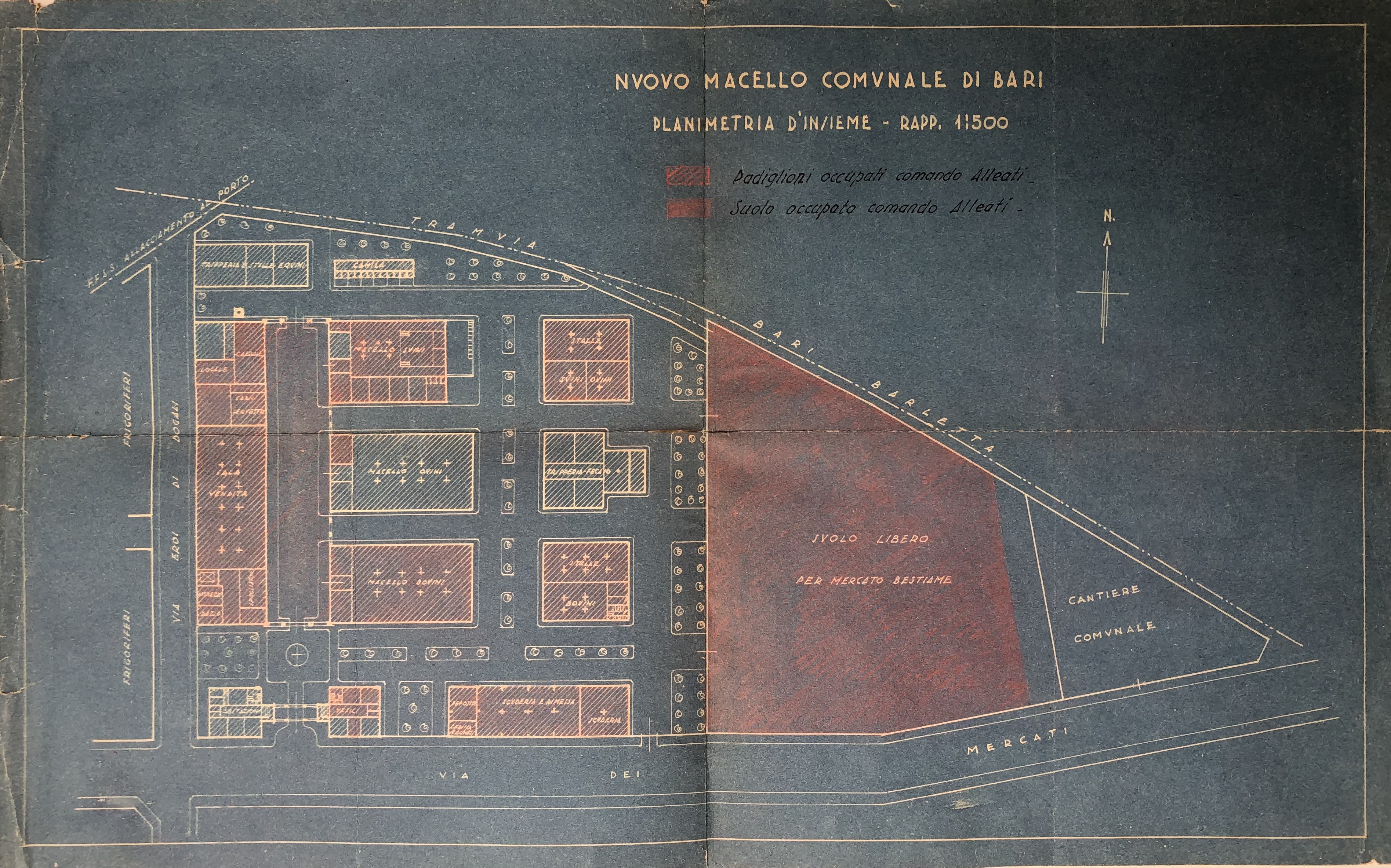 Planimetria d'insieme del Nuovo Macello Comunale di Bari, Archivio storico del Comune di Bari, b. 1721, f. 3.